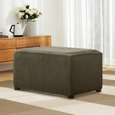 Textured Grid Stretch Box Cushion Ottoman Slipcover Ebern Designs Fabric Olive Green LK_85SXMAOY