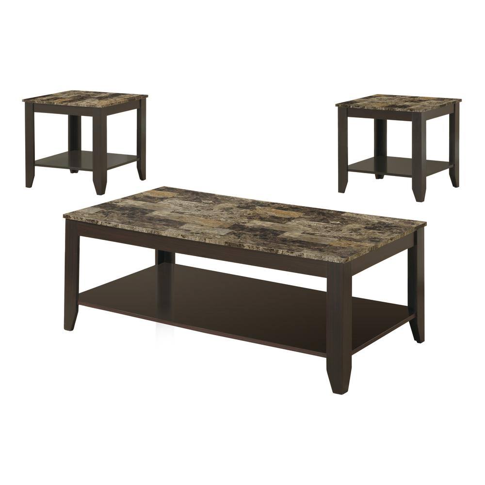 Monarch Specialties 3-Piece 48 in. Cappuccino Large Rectangle Wood Coffee Table Set with Shelf AB_UDRAN74W