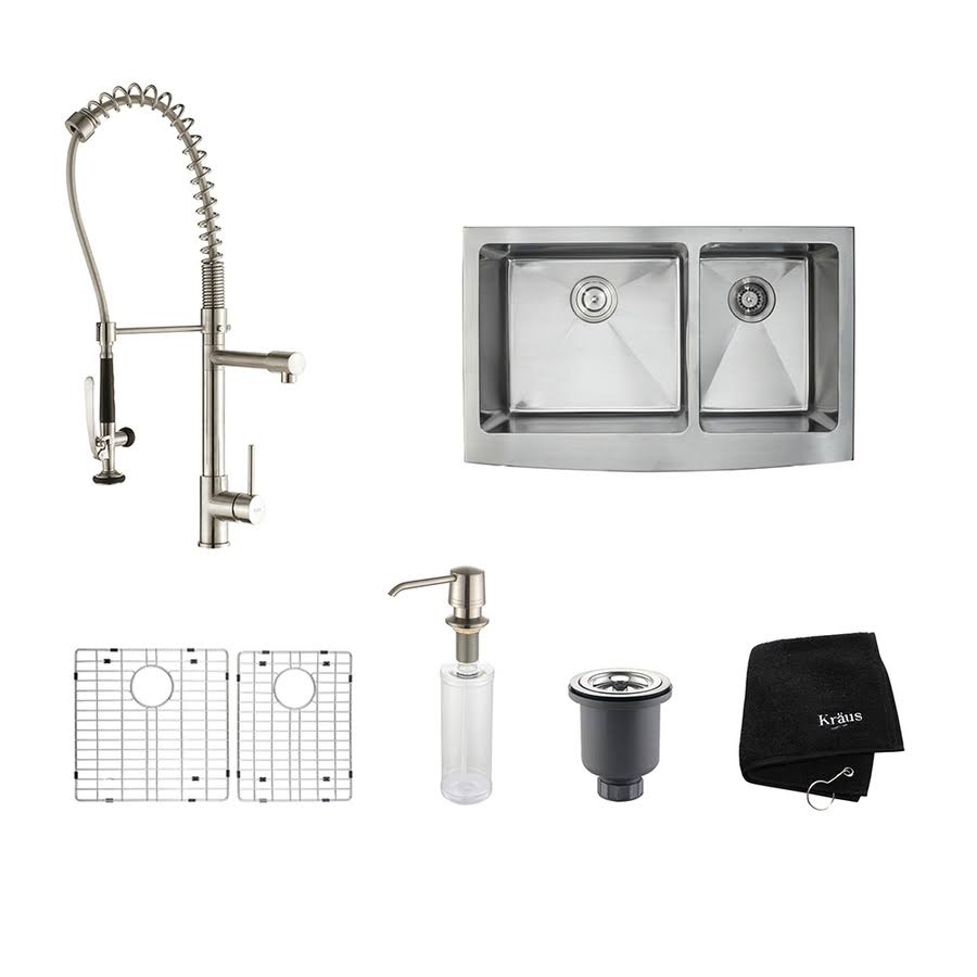 Kraus KHF203-33-KPF1602-KSD30SS 33 inch Farmhouse Double Bowl Kitchen Sink with Kitchen Faucet and Soap Dispenser in Stainless S J0_TWPVPPNI