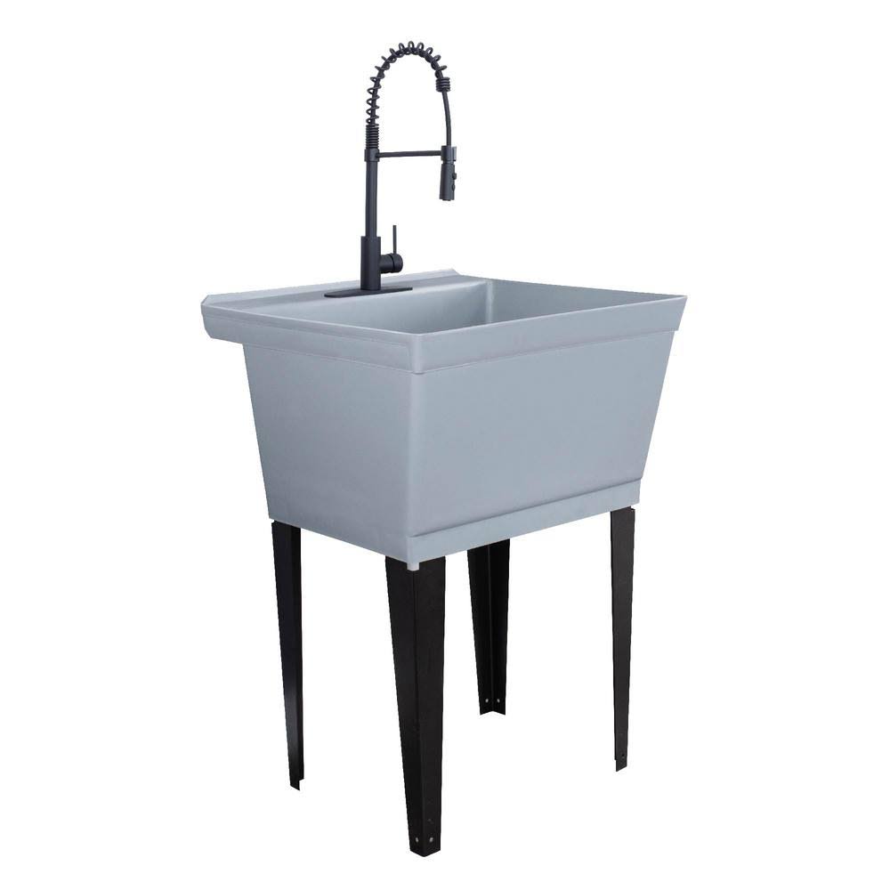 Tehila Grey 19 Gallon Utility Sink with High-Arc Black Coil Pull-Down Faucet, Size 23.5 in LL_C34NFF7Y