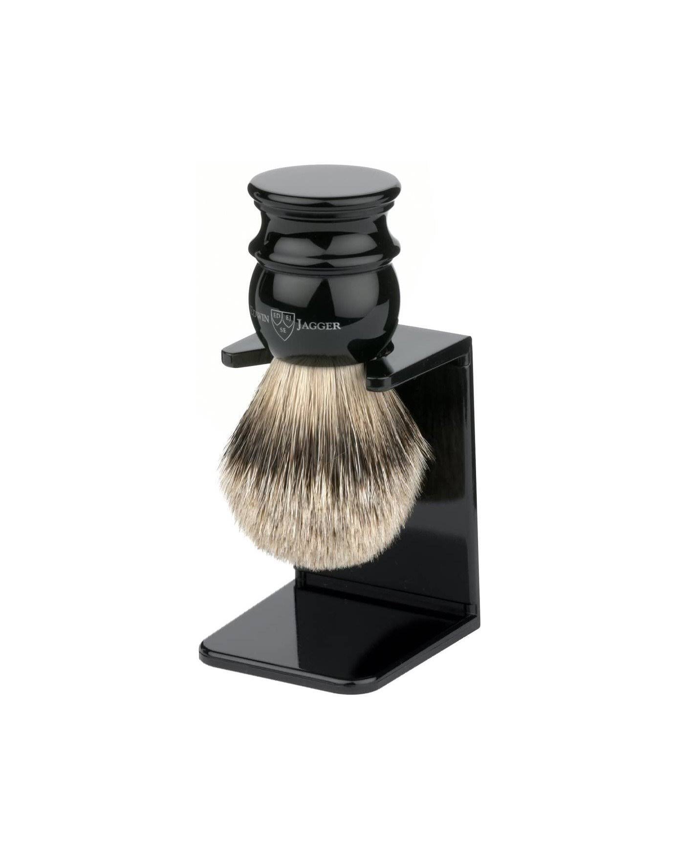 Edwin Jagger Imitation Ebony Silver Tip Shaving Brush with Stand Medium BZ_YSDT4P1N
