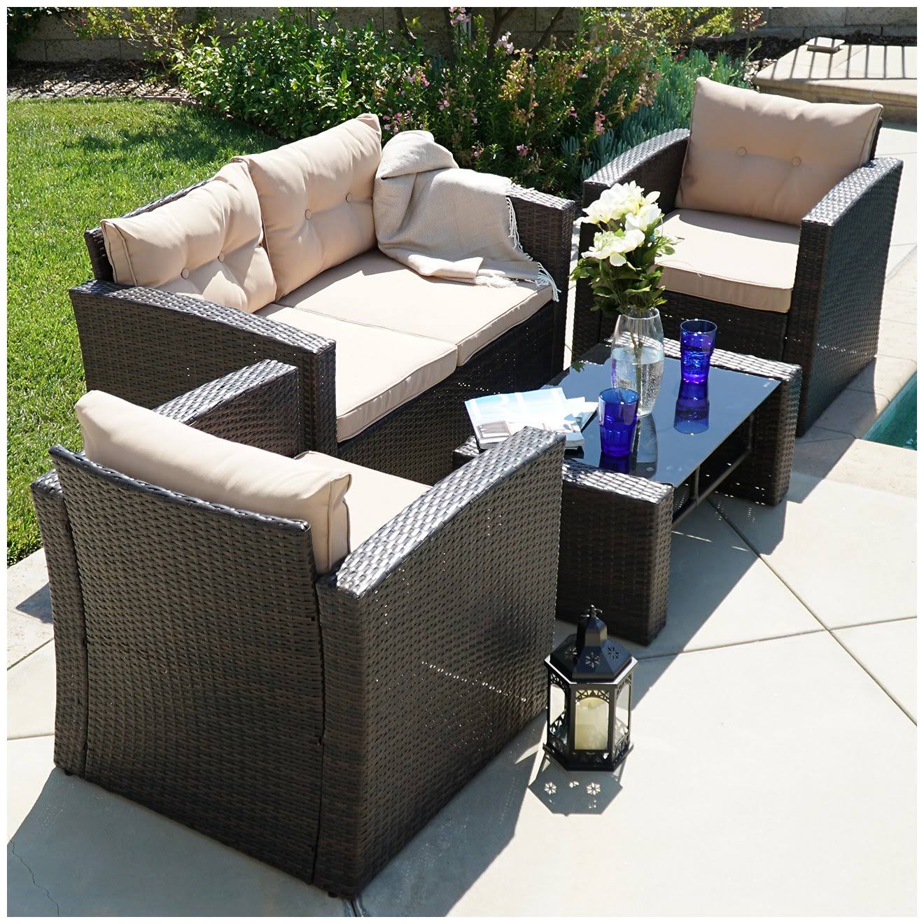 Belleze 4pc Patio Wicker Outdoor Set Cushioned Table UV Resistant, Brown 8D_9JHEW44V