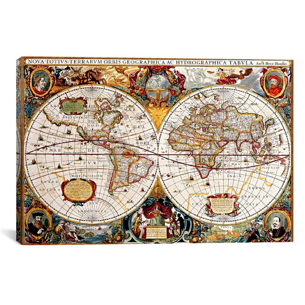 iCanvas 11252-1pc3-26x18 Antique Double Hemisphere Map of The World (Hondius, Henricus C 1630) by Unknown Artist Canvas Print JR_9JPCJUJ2