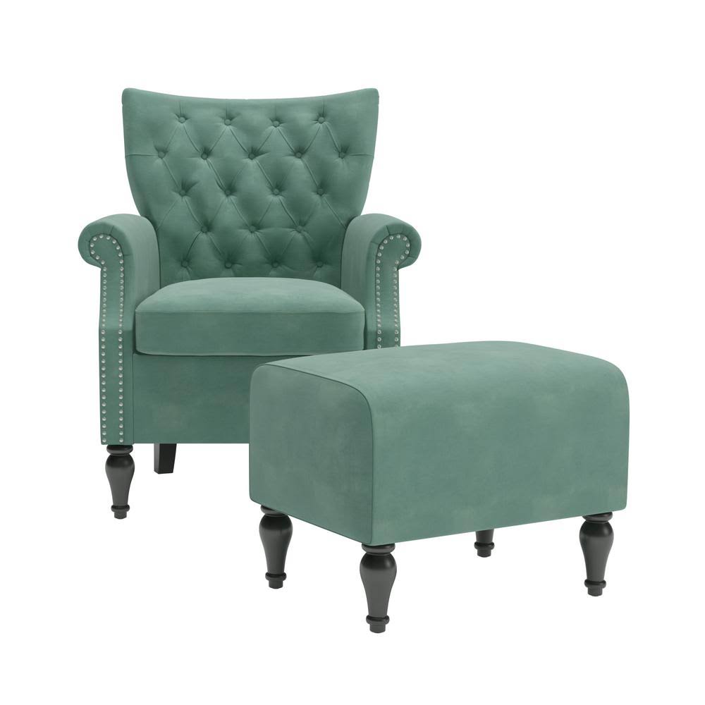 Handy Living Margaux Button in Turquoise Blue Velvet Tufted Rolled Arm Chair and Ottoman Set JY_QFTH9ZHK