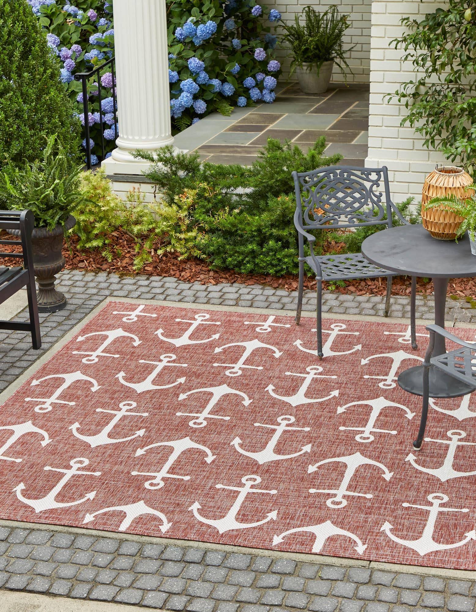 Outdoor Coastal Rust Red 8 ft Square Square Area Rug Indoor Outdoor Rug OO_YRYYYZYN