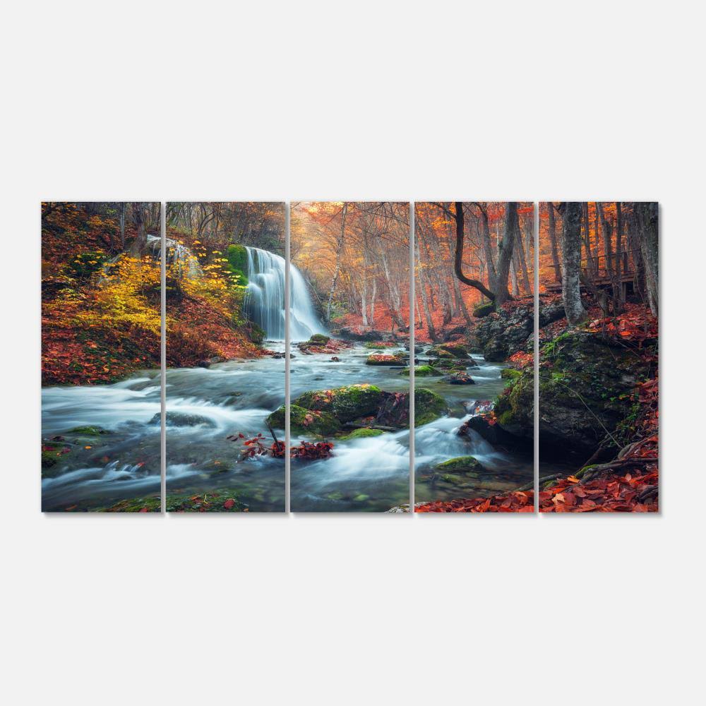 Designart 'Autumn Mountain Waterfall Long View ' Landscape Photography Canvas Print, Size 60 inchx28 inch 5 Panels, Orange VS_V6IZW5J8