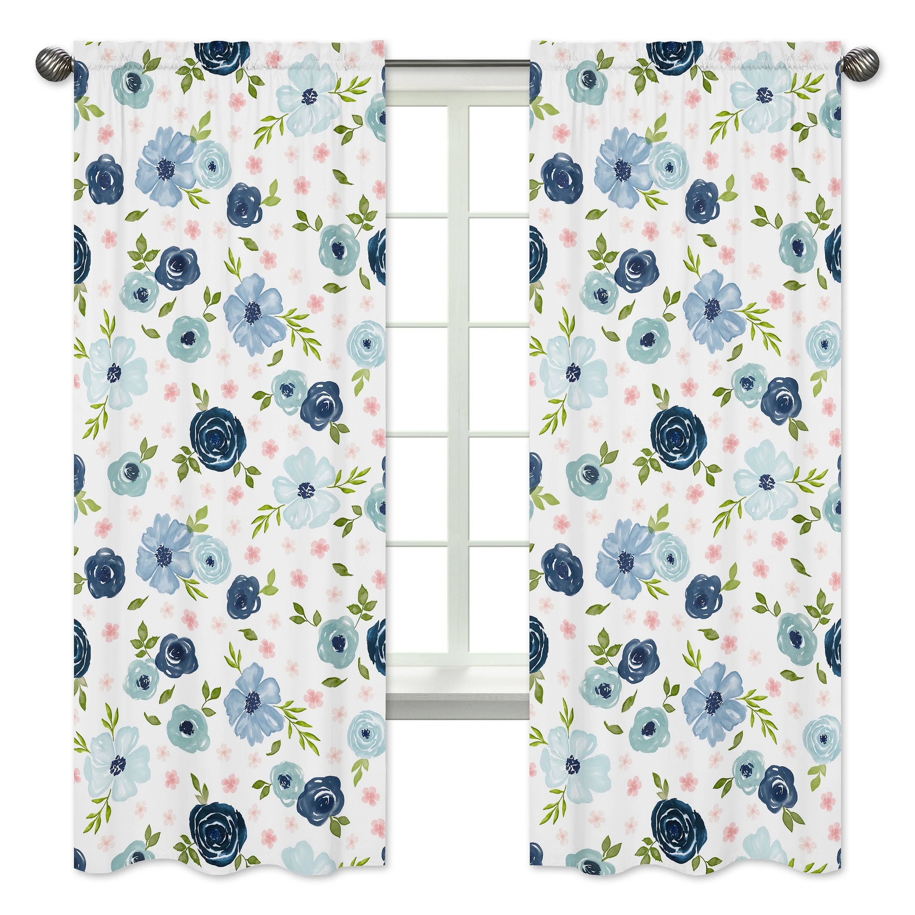 Sweet Jojo Designs Navy Blue and Pink Watercolor Floral Window Treatment Panels Curtains - Set of 2 - Blush, Green and White FD_I8ER91JH