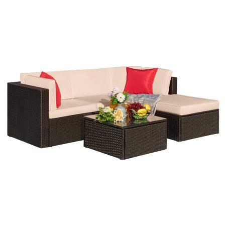 Vineego 5 Pieces Outdoor Patio Furniture Sets Wicker Sectional Sofa PE Rattan Conversation Sets, Beige MA_SQSCODWB