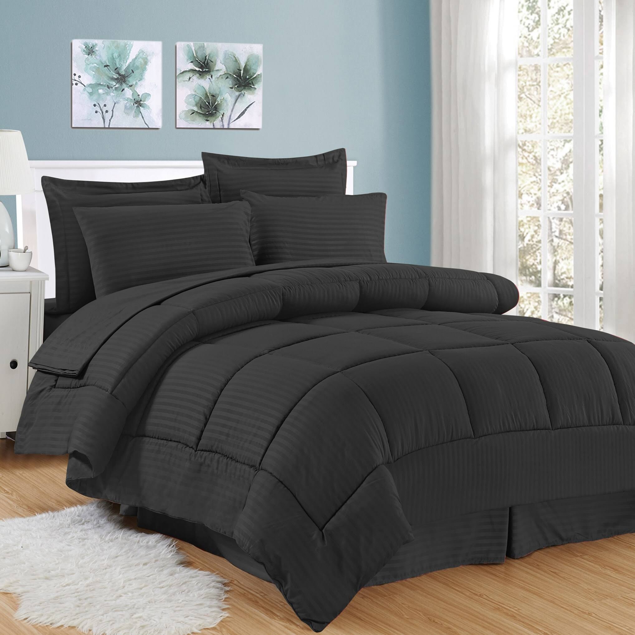 Sweet Home Collection Soft Dobby 8-Piece Striped Down Alternative Bed-in-a-Bag Set w/ Sheets - Black - King QG_2ULUSOOI