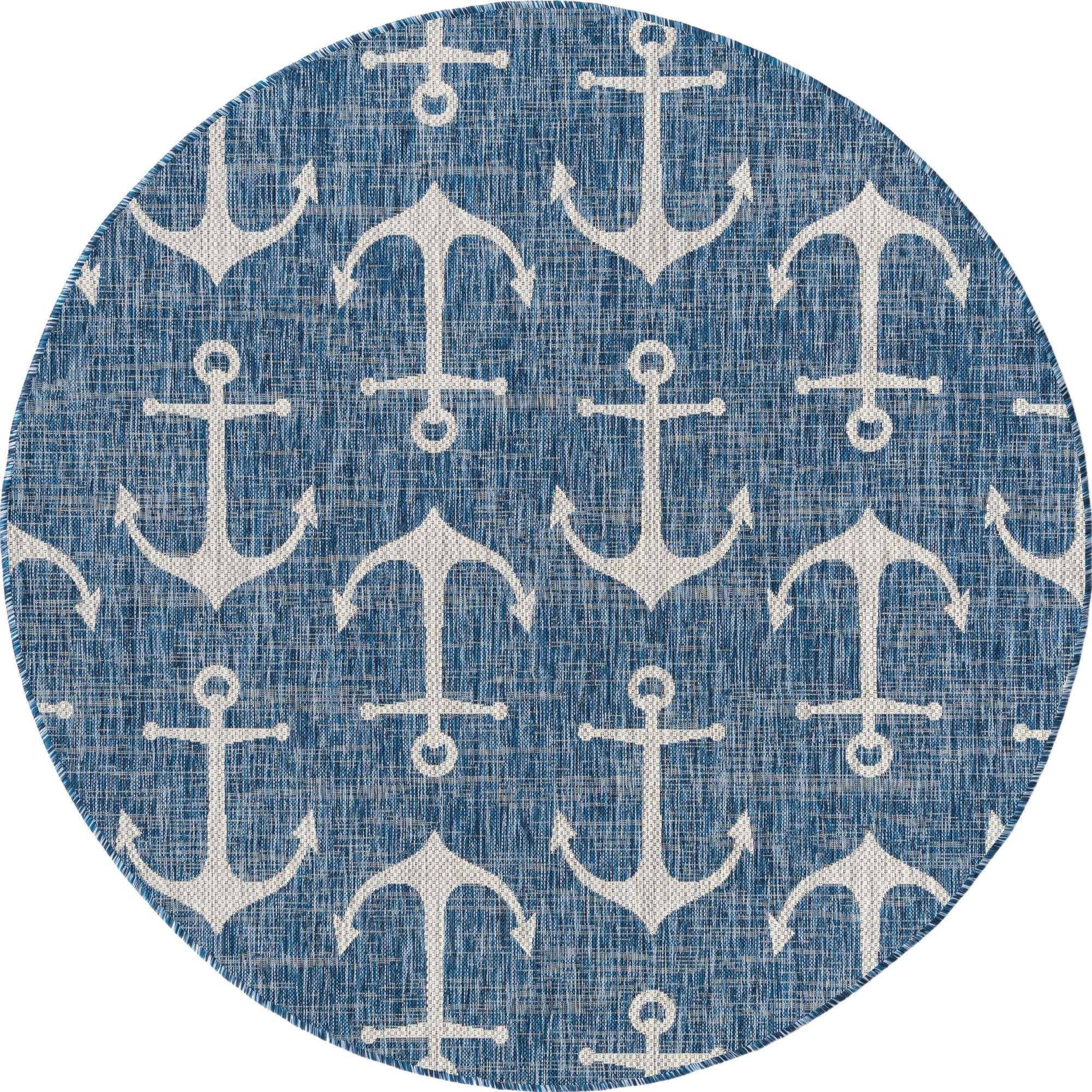 Unique Loom Outdoor Coastal Nautical Beach Rug 4' x 4' Round Blue/Gray O5_MJ7CLZG5