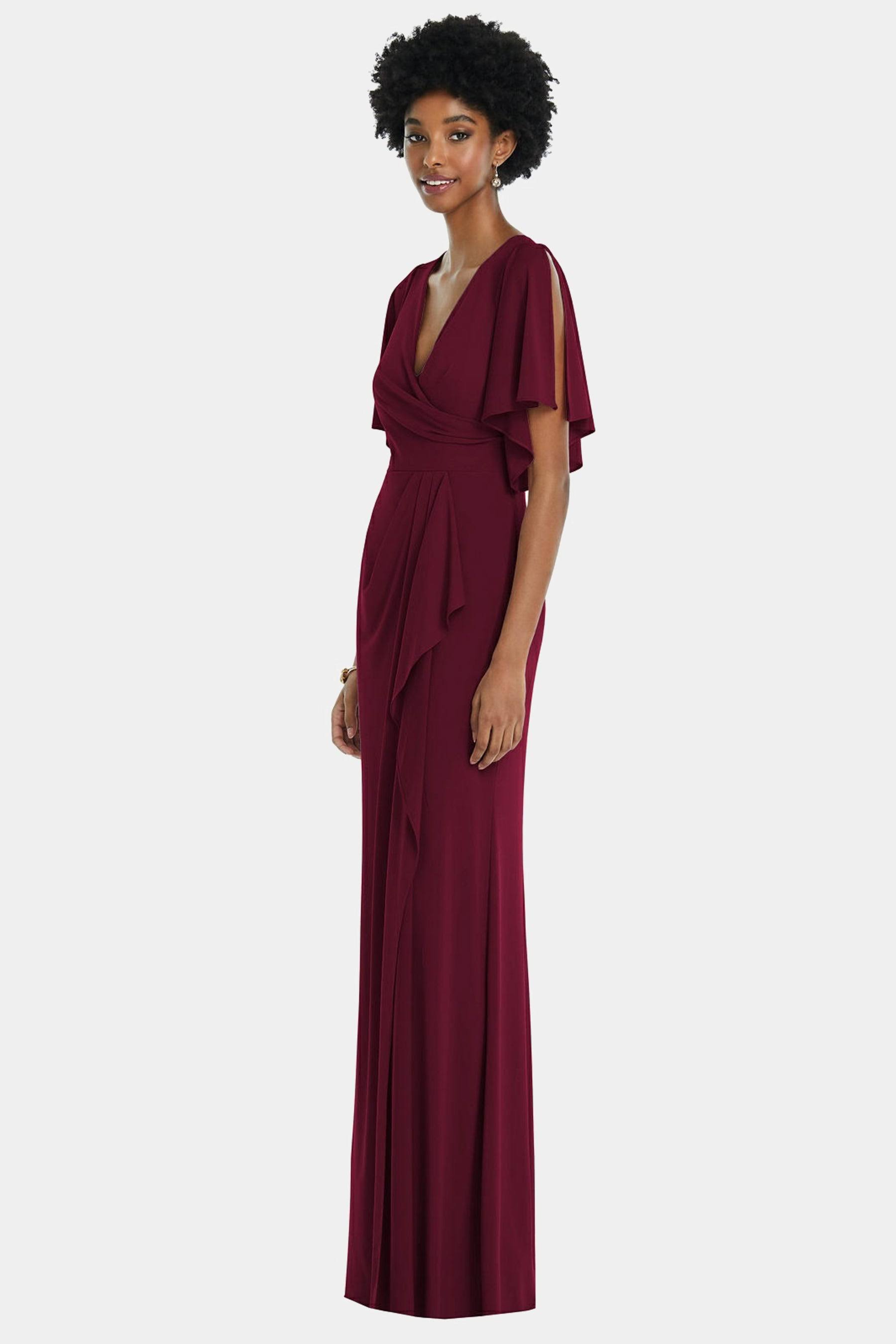 Dessy Collection Faux Wrap Split Sleeve Maxi Dress With Cascade Skirt - 3107 - Black - QG_NCZJIEXS
