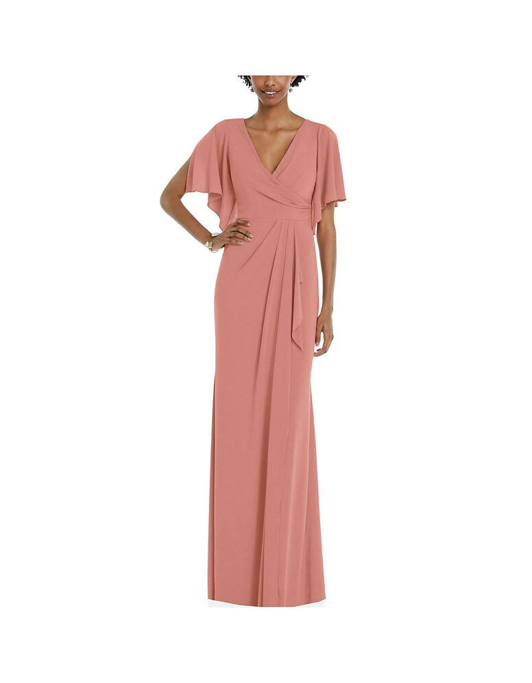 Dessy Collection Faux Wrap Split Sleeve Maxi Dress With Cascade Skirt - 3107 - Black - QG_NCZJIEXS