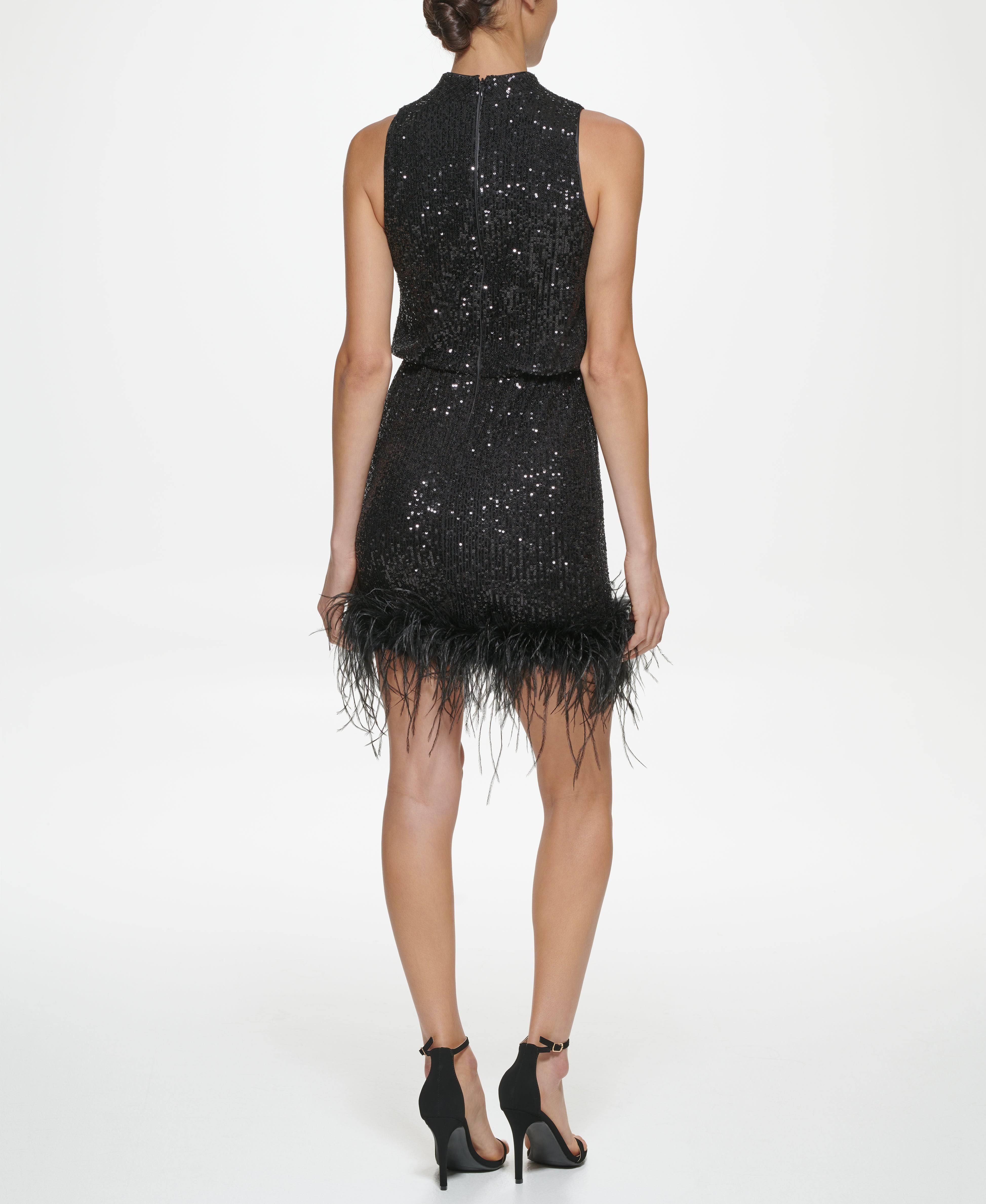Eliza J Feather-Hem Sequin Dress - Black - Size 1L_JSLPNX0H