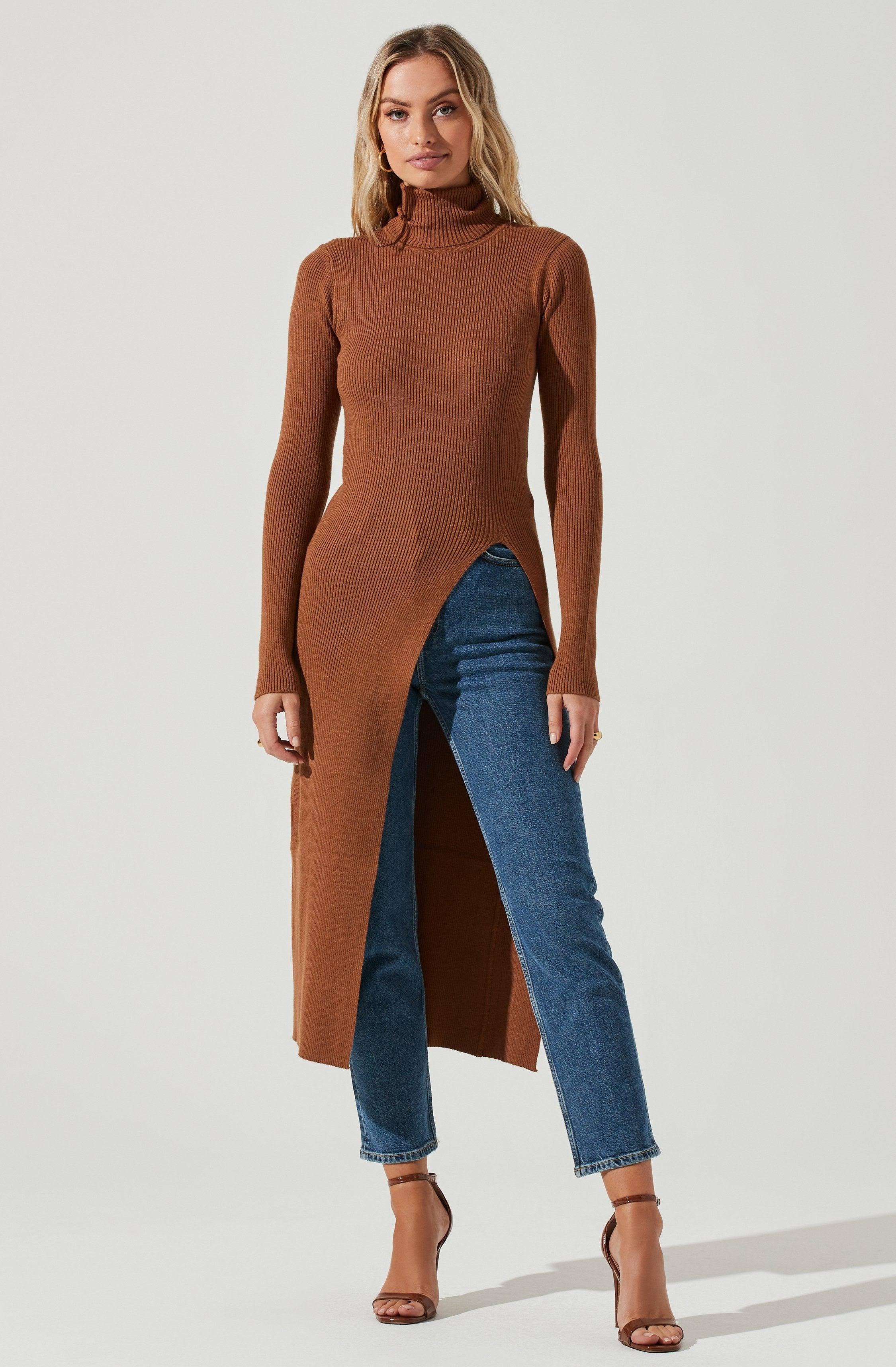 Astr The Label High Slit Turtleneck Sweater In Camel At Nordstrom, Size PE_0AGVNS5Z
