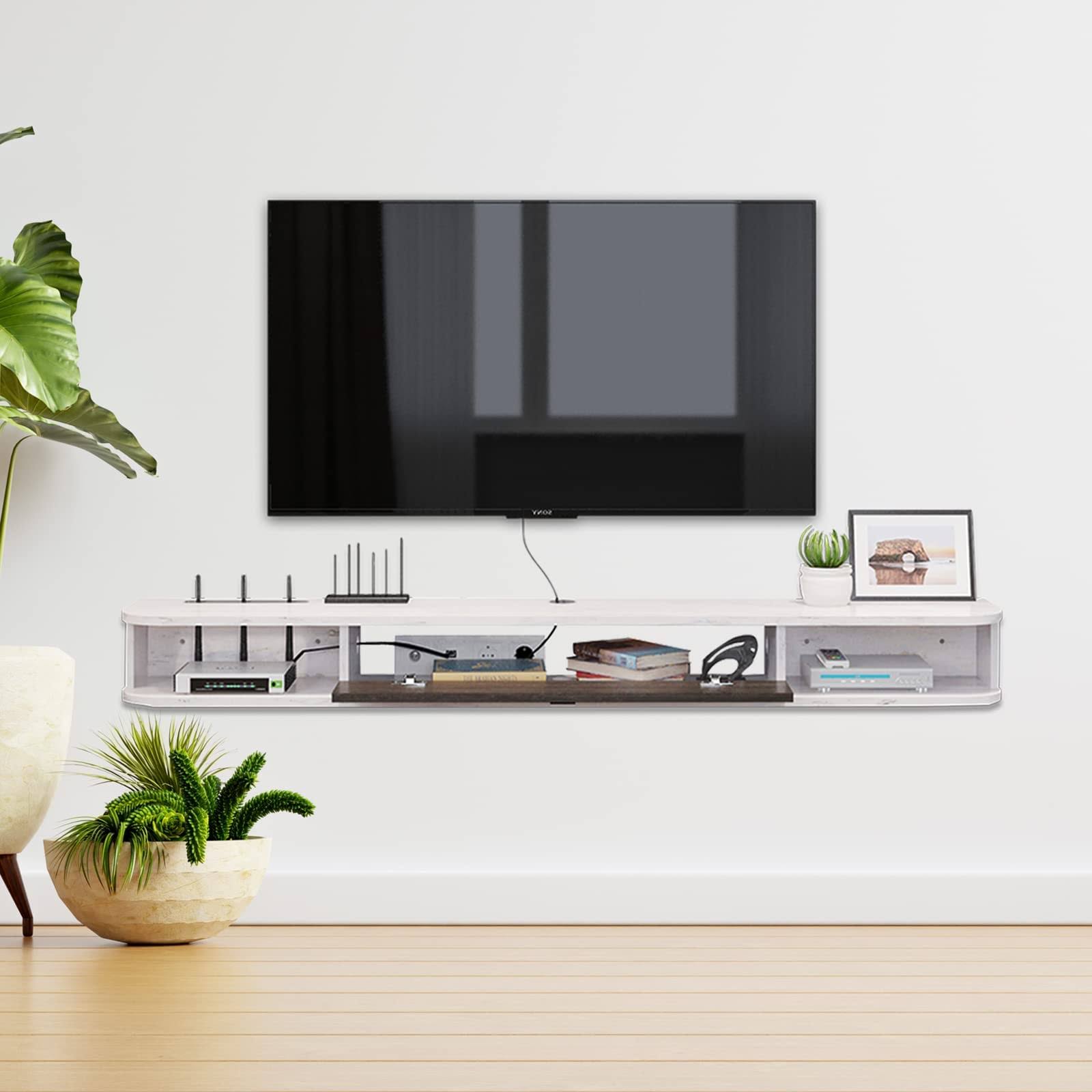 Pmnianhua Floating Tv Console,63'' Wall-Mounted Media Console Tv Cabinet Floating Tv Stand Entertainment Shelf With Door And Storage (Grey White) BI_CT54U4TY