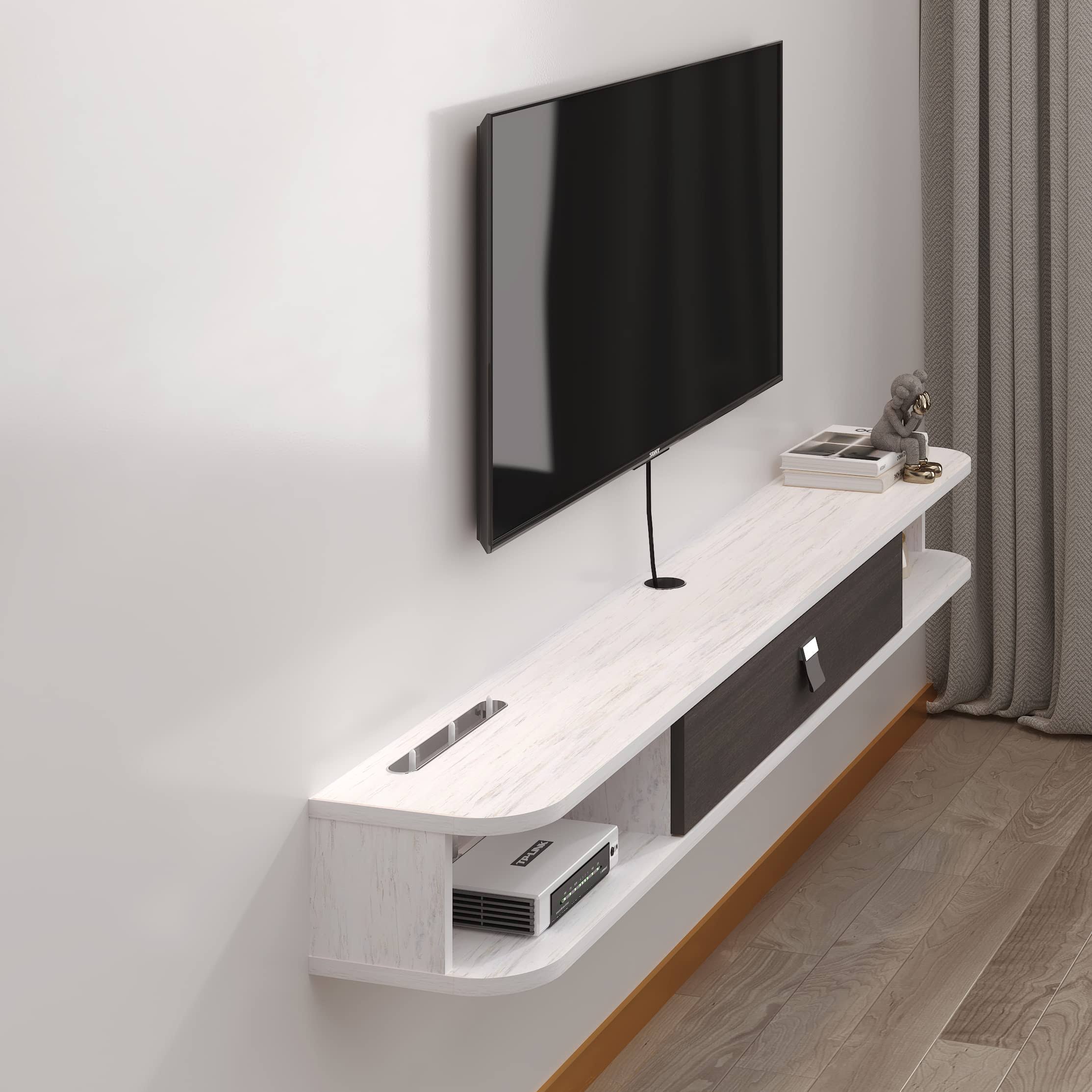 Pmnianhua Floating Tv Console,63'' Wall-Mounted Media Console Tv Cabinet Floating Tv Stand Entertainment Shelf With Door And Storage (Grey White) BI_CT54U4TY