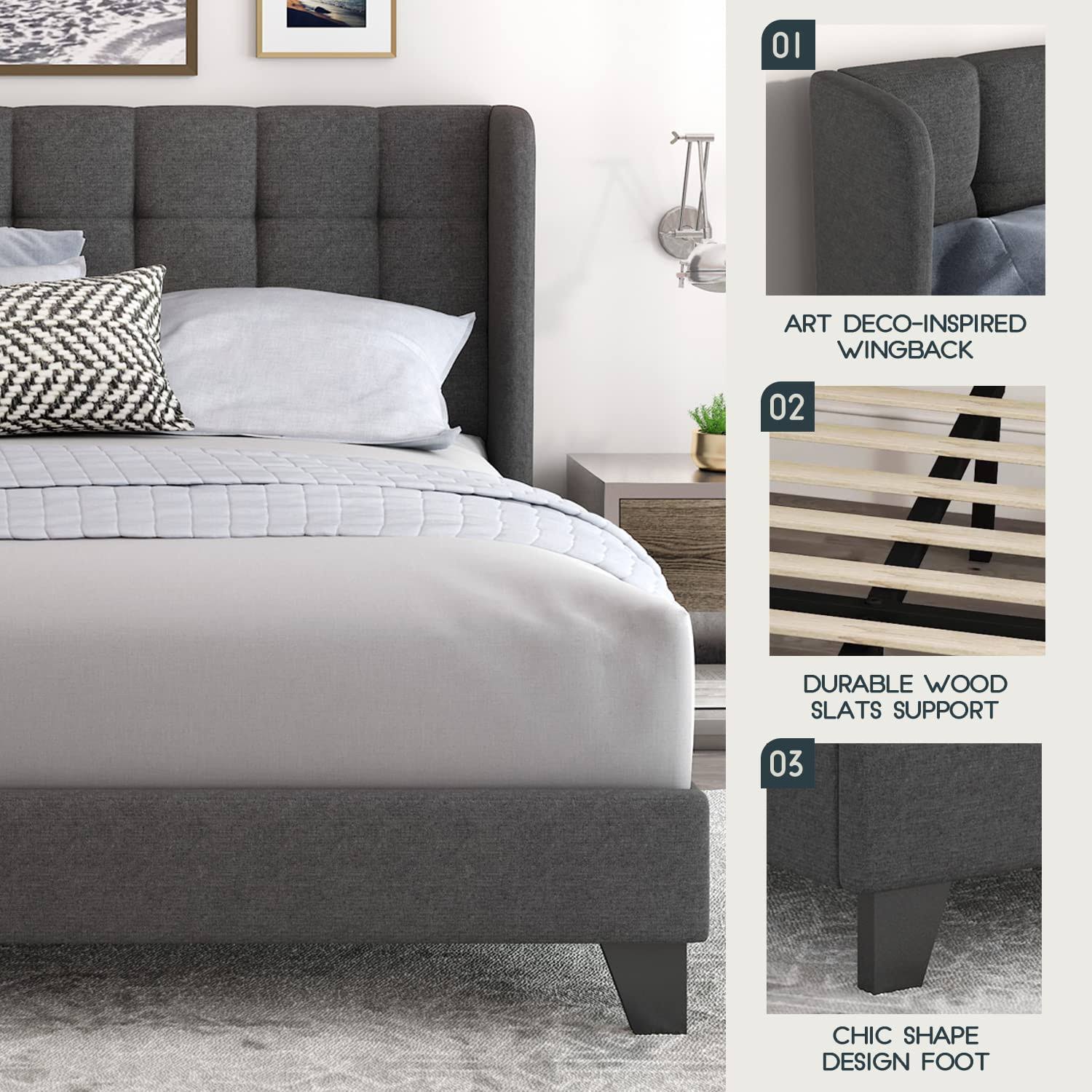 Einfach Queen Upholstered Wingback Platform Bed Frame With Headboardmattress Foundation With Wood Slat Support And Square SE_BV4DMPCR