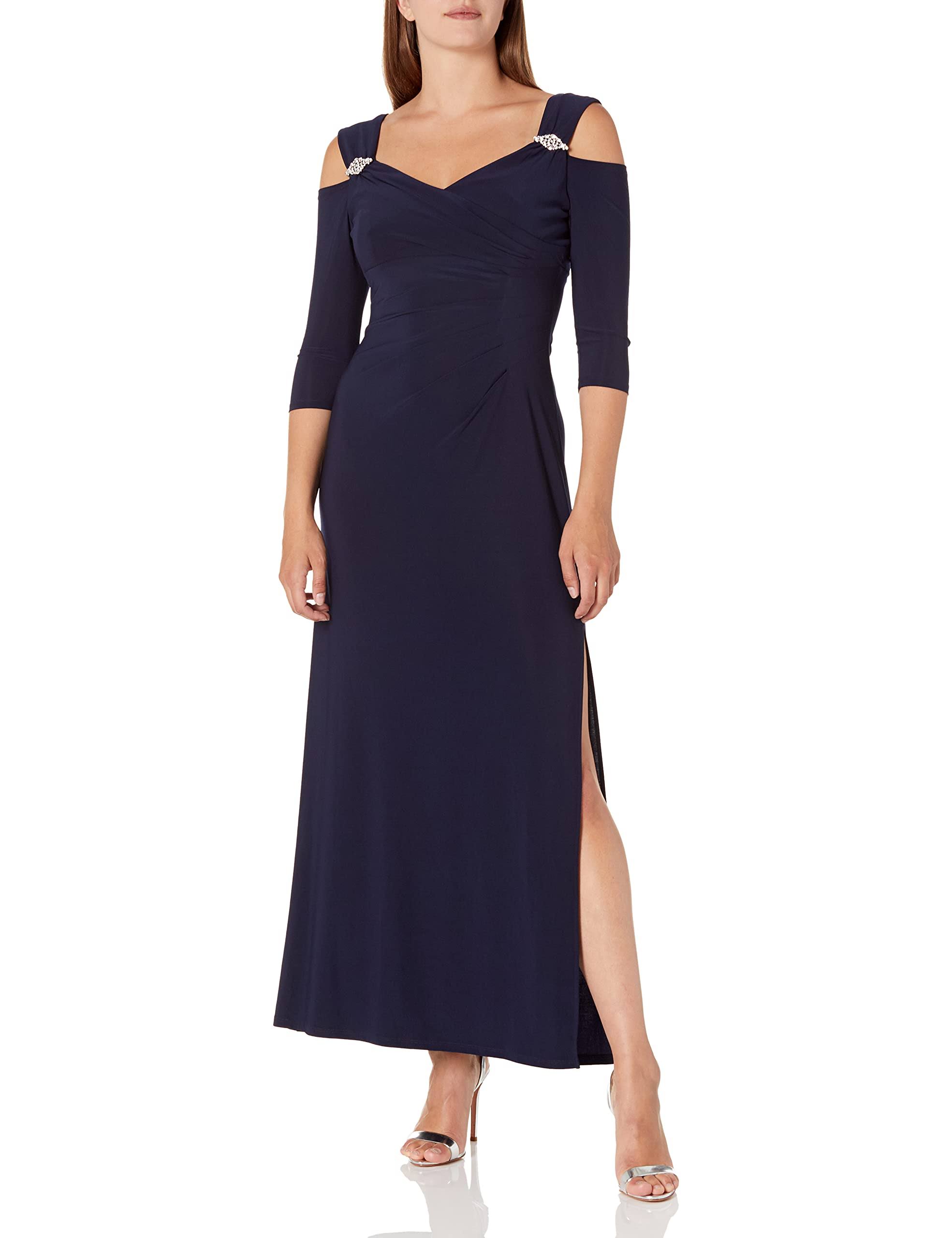 R & M Richards Cold-Shoulder Gown - Navy - Size SU_FYITZIS6