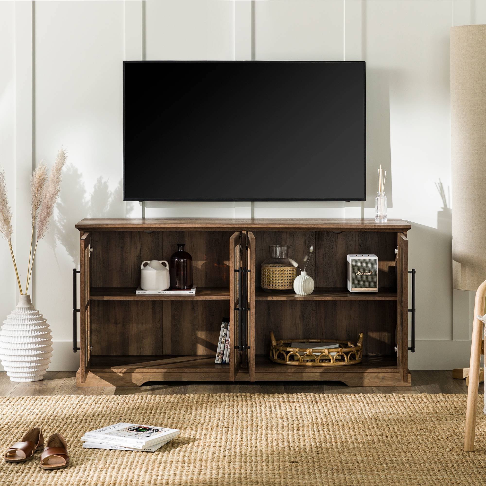 Avalene Modern Farmhouse 4 Door Glass Window Pane Tv Stand For Tvs Up To 65 Rustic Oak - Saracina BI_22MLNGRX