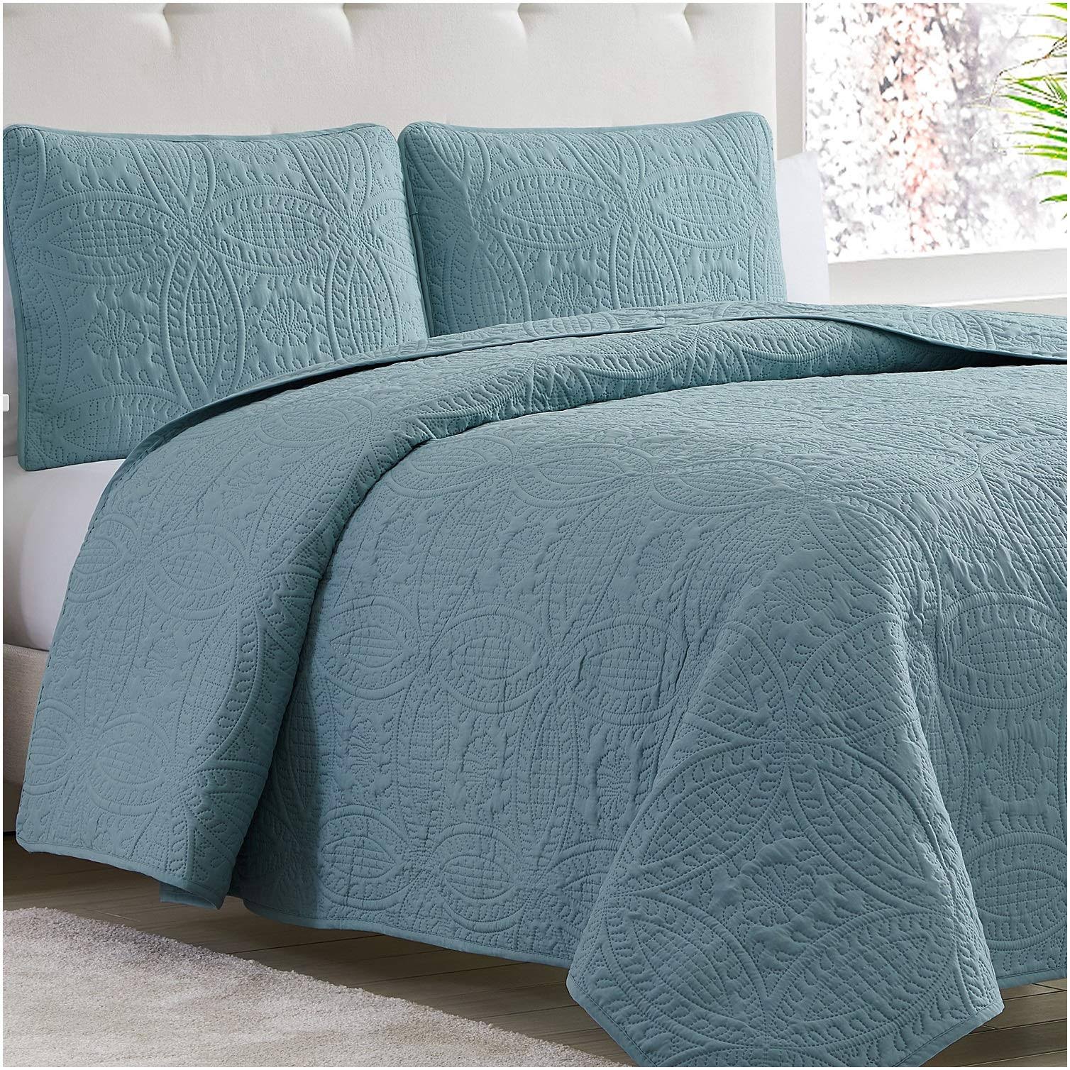 Mellanni Bedspread Coverlet Set Spa-Blue - Comforter Bedding Cover - Oversized 3-Piece Quilt Set (Full/Queen, Spa Blue) 1X_5TFHVUFW