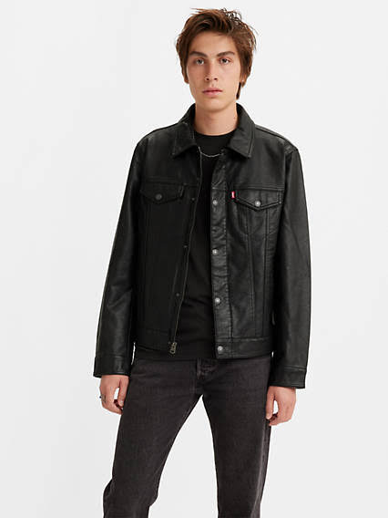 Levi's Faux Leather Trucker Jacket - Men's - Black W Chambray Lining CM_S4PS2NOE