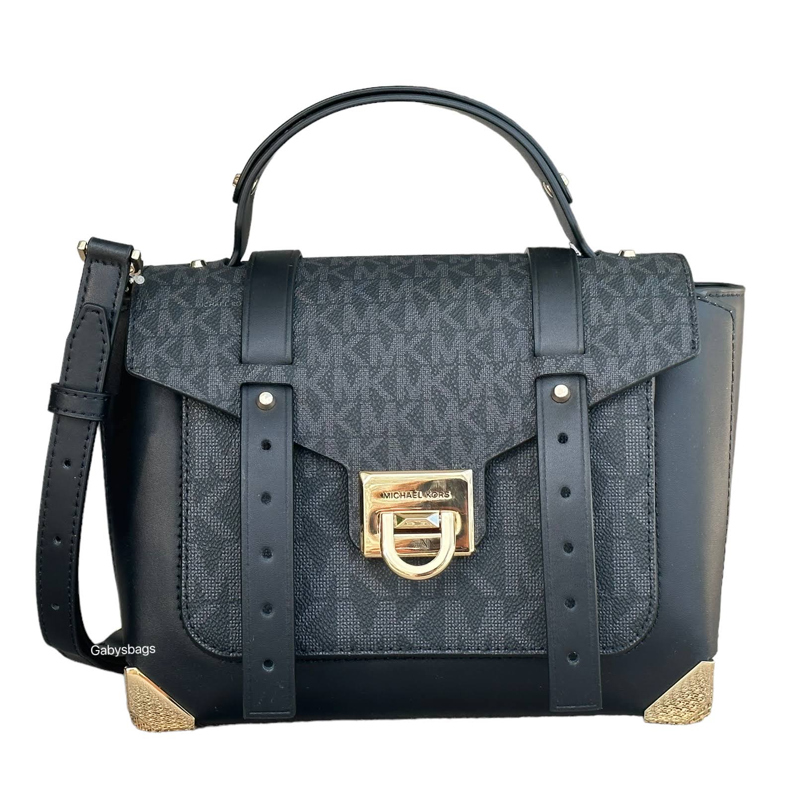 Michael Kors Manhattan Medium Black Signature Leather Purse Satchel SX_OSFEHOMK