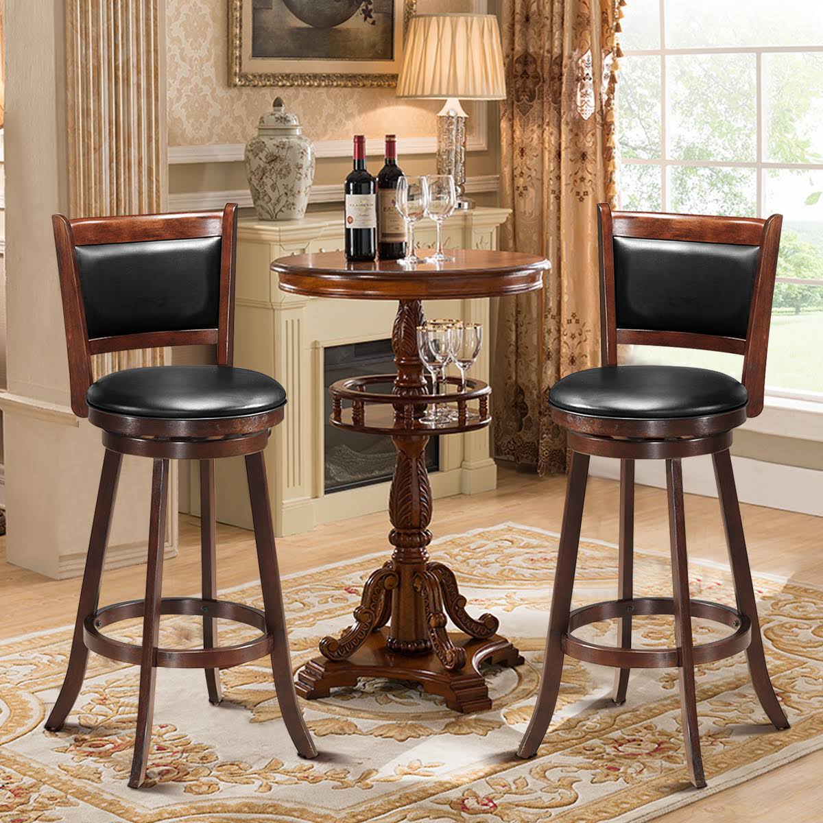 Costway Set Of 2 Bar Stools 29 Swivel Wood Dining Chair Upholstered Seat CN_HT88KY7P