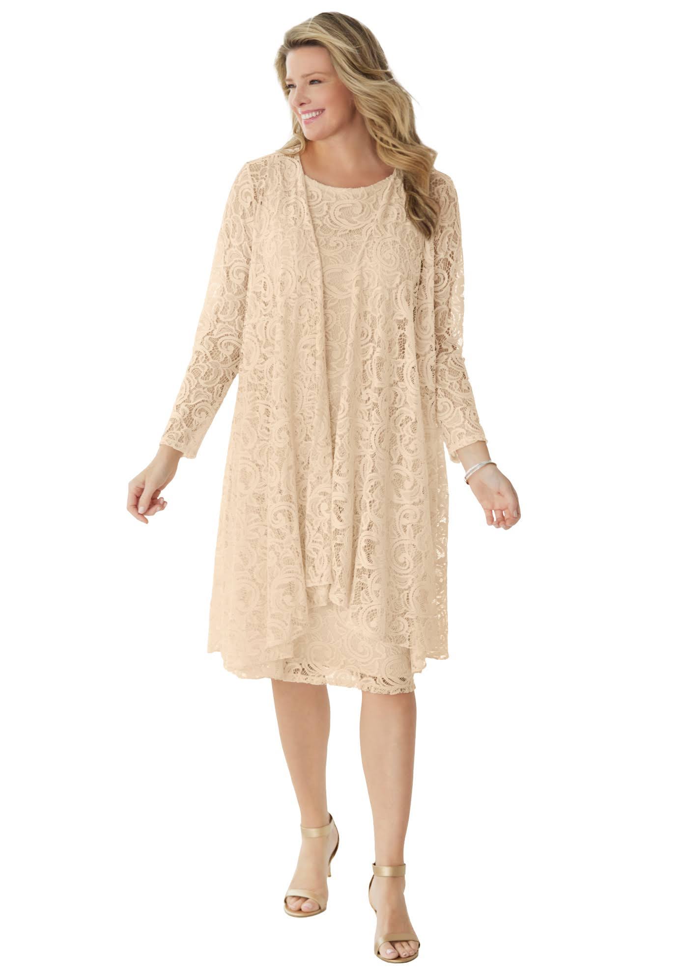 Plus Size Women's 2 Piece Lace Jacket Dress By Woman Within In Mocha (Size 14 W) YS_42Z1ILK3