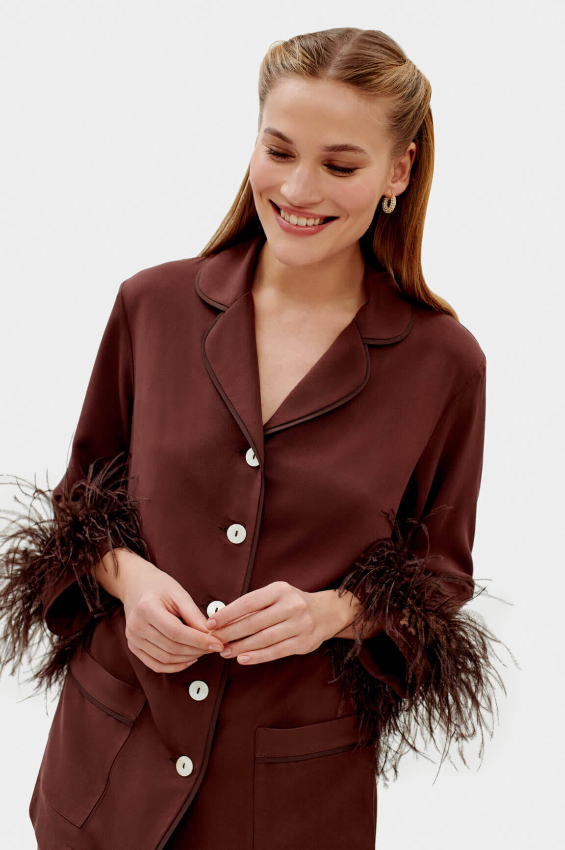 Sleeper Party Pajamas With Detachable Ostrich Feather Trim In E2_LX2HSF92