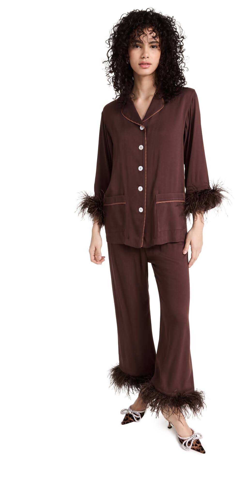 Sleeper Party Pajamas With Detachable Ostrich Feather Trim In E2_LX2HSF92