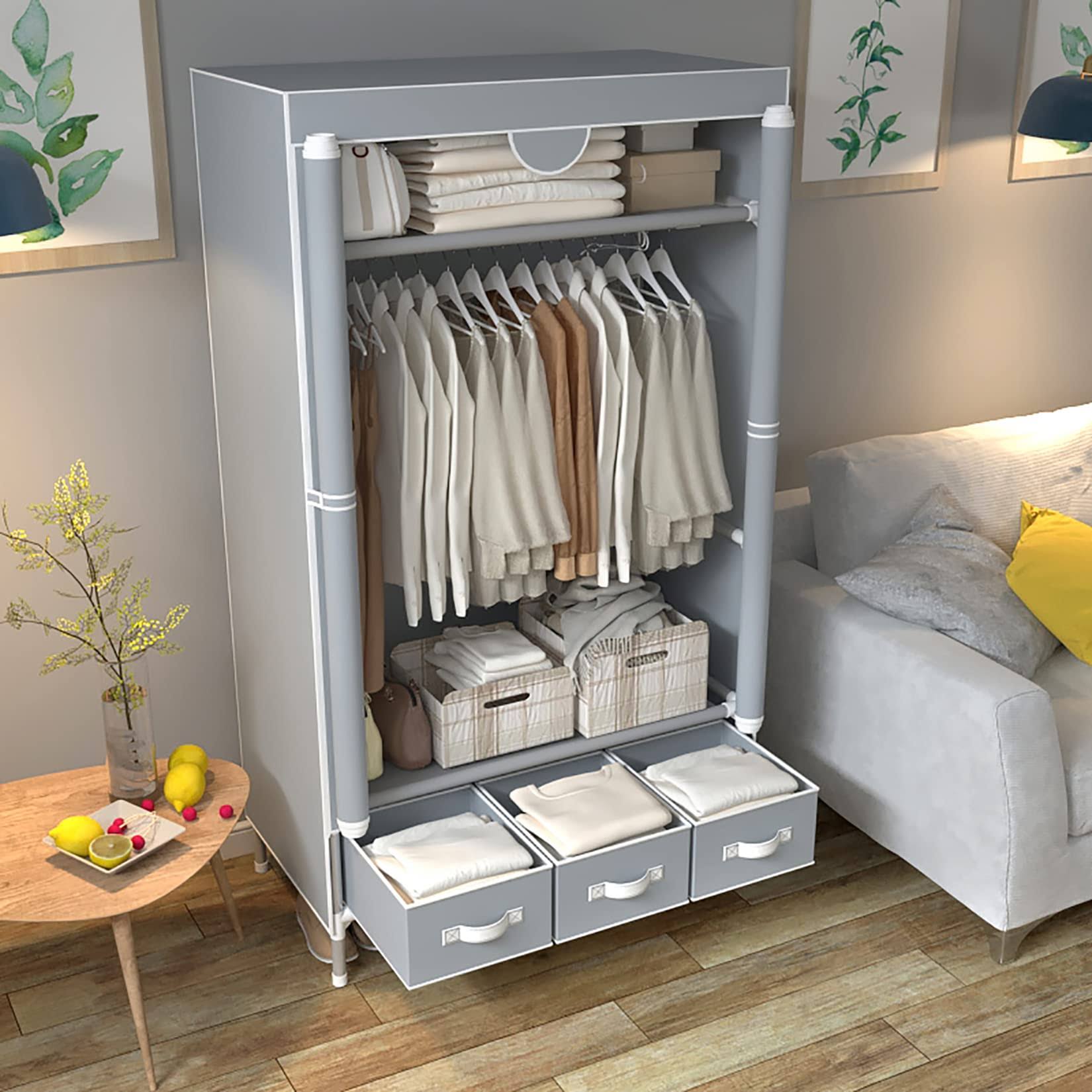 Assica Portable Clothes Closet Rolling Door Wardrobe With Hanging Rack Non-Woven Fabric Storage Organizer With Three Drawer RG_EYZOOWBO