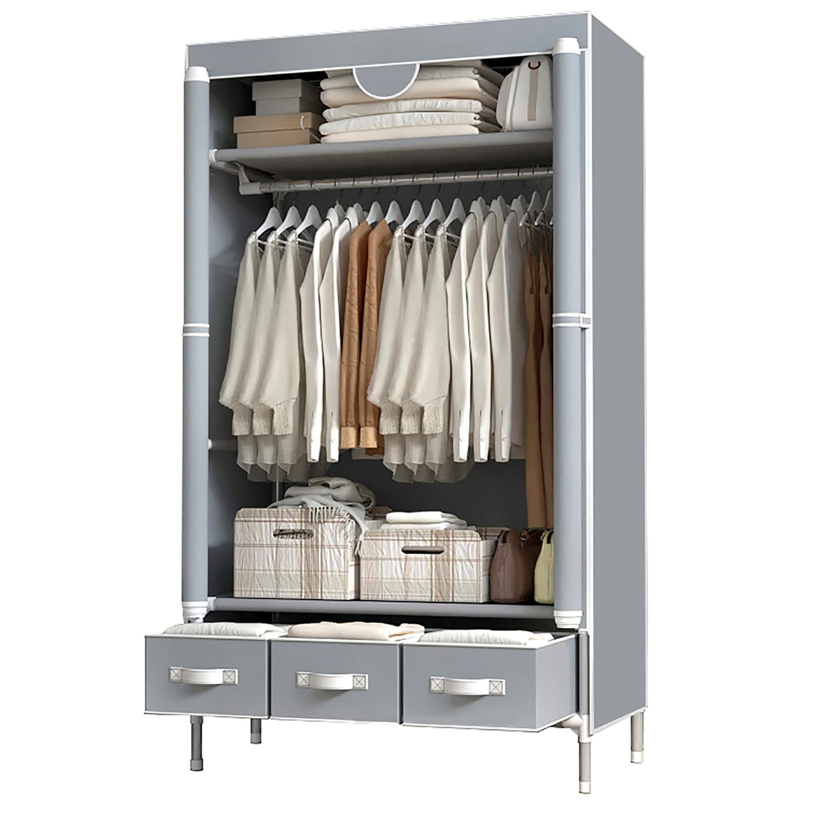 Assica Portable Clothes Closet Rolling Door Wardrobe With Hanging Rack Non-Woven Fabric Storage Organizer With Three Drawer RG_EYZOOWBO