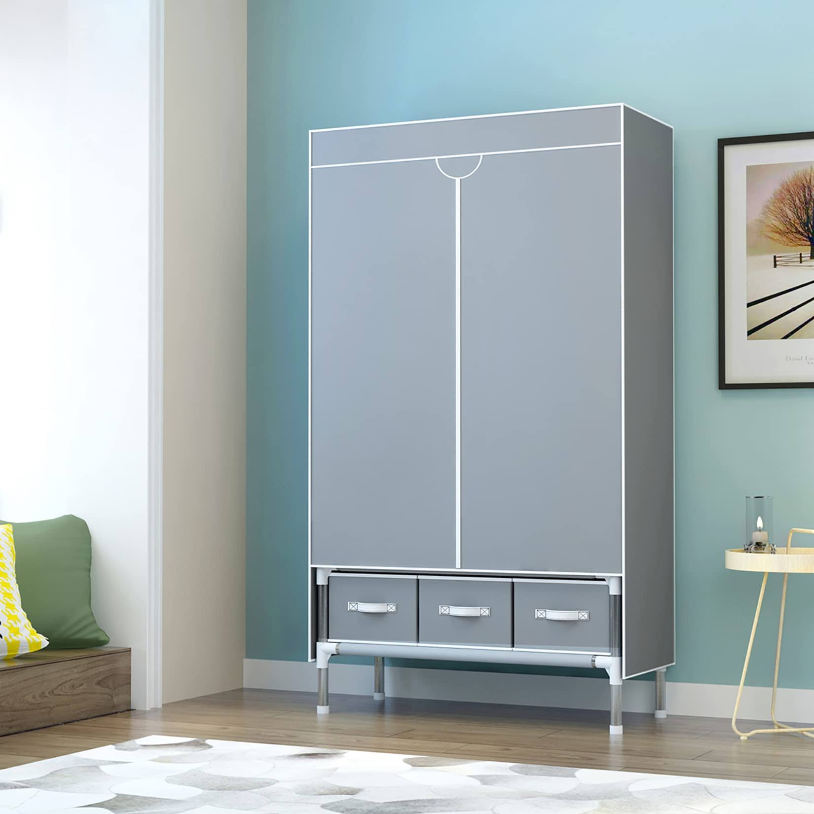 Assica Portable Clothes Closet Rolling Door Wardrobe With Hanging Rack Non-Woven Fabric Storage Organizer With Three Drawer RG_EYZOOWBO