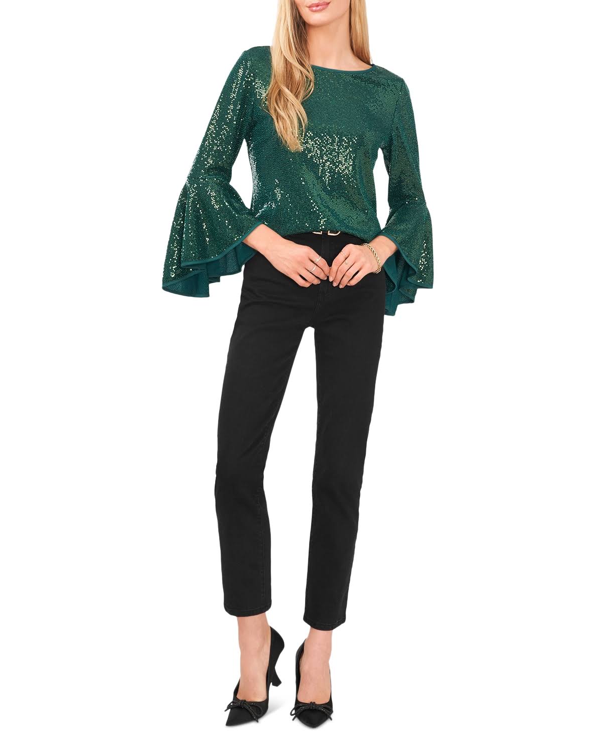 Vince Camuto Women's Sparkle Bell Sleeve Top - Green - Size M - Arresting R2_VK8HWHRW