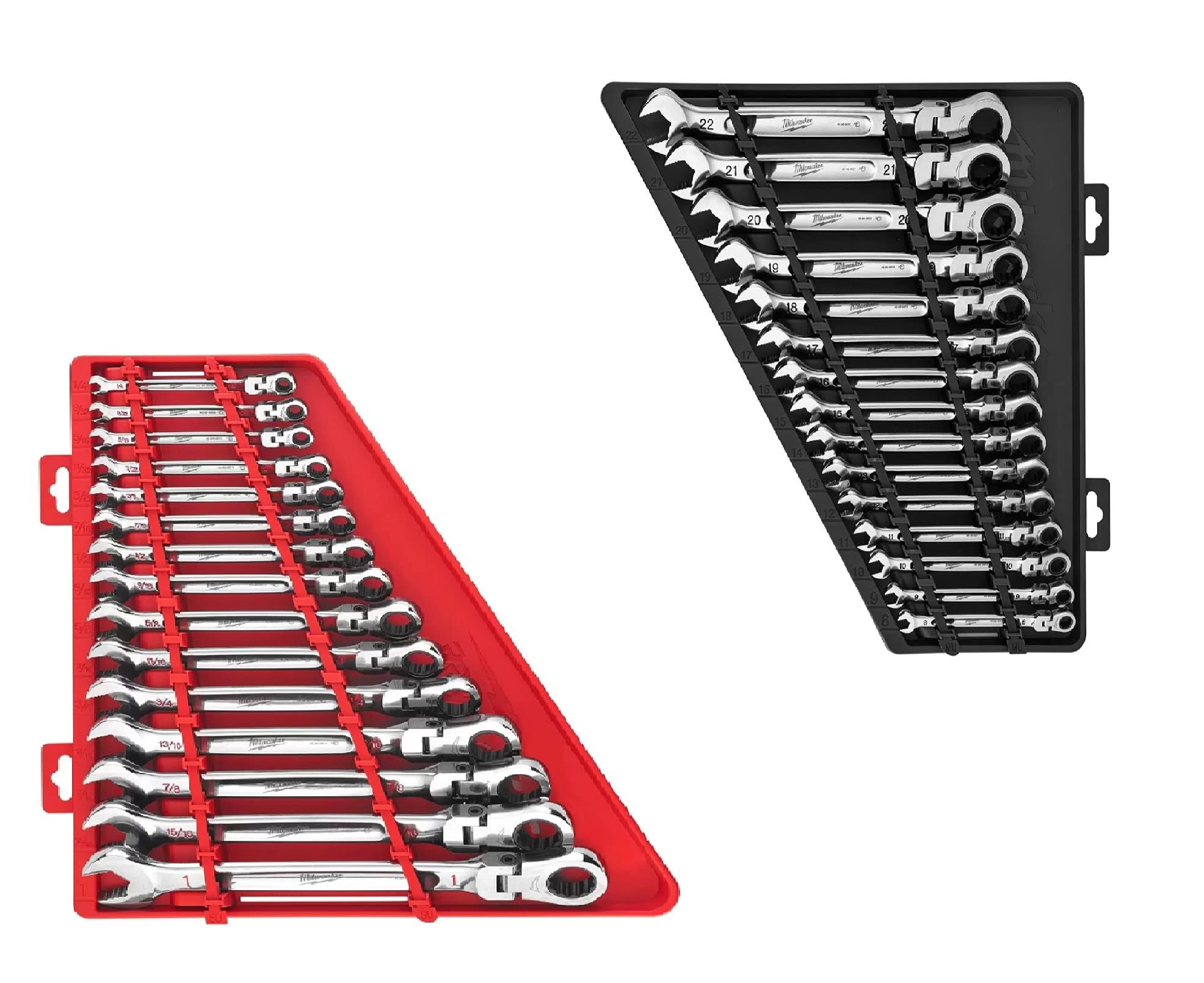 Milwaukee Flex Head Ratcheting Combination Wrench Set Bundel - 2 Items - Metric (8mm - 22mm) - Sae (1/4 - 1) 48-22-9513 48-22-6H_CLNTWMYK