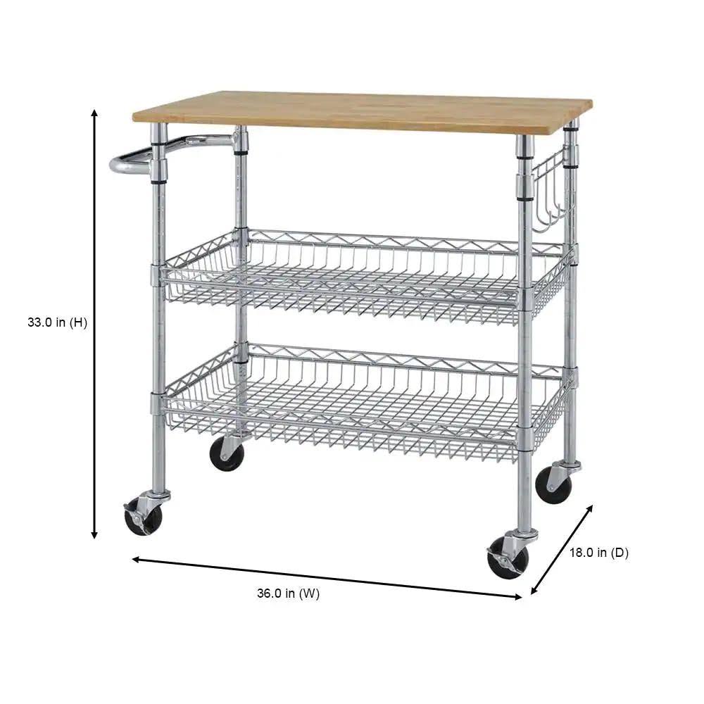 Stylewell Grayson Chrome Metal Kitchen Microwave Cart With Natural Wood Top And Locking Wheels (36 W) L1_ZRB3SJAN