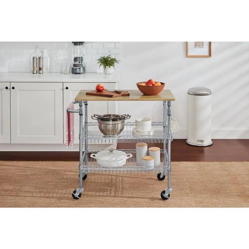 Stylewell Grayson Chrome Metal Kitchen Microwave Cart With Natural Wood Top And Locking Wheels (36 W) L1_ZRB3SJAN