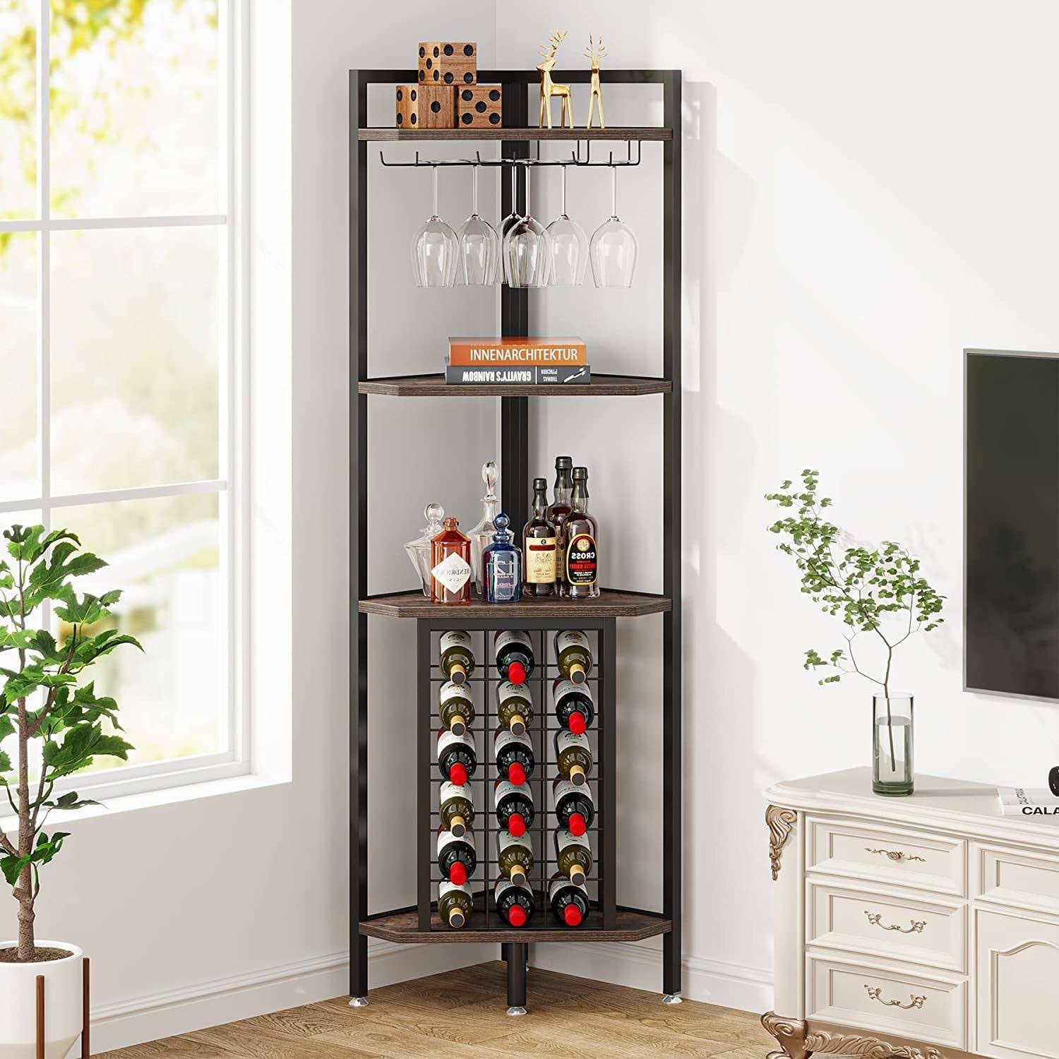 Tribesigns Industrial Corner Wine Rack With Glass Holder And Storage Shelf - Rustic 30_GIAQOUDJ