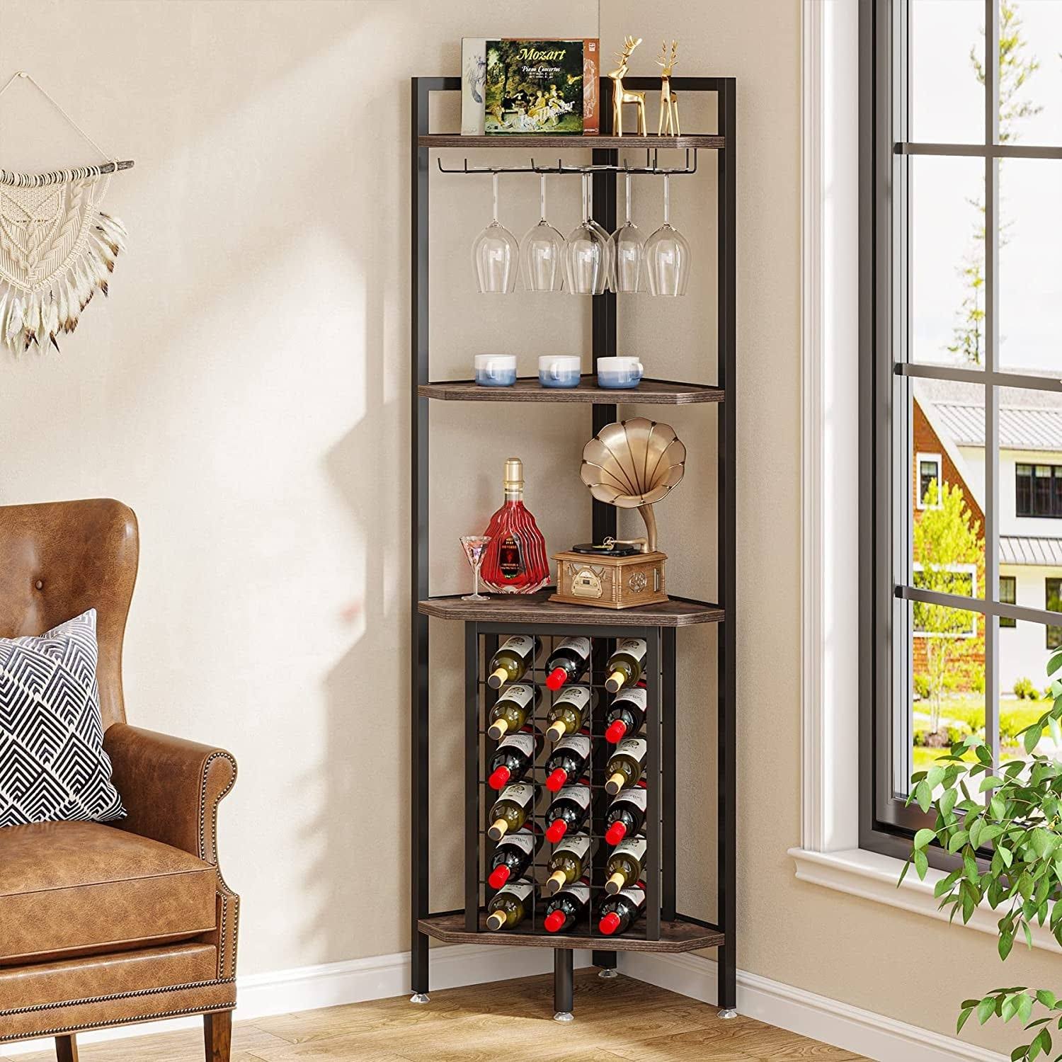 Tribesigns Industrial Corner Wine Rack With Glass Holder And Storage Shelf - Rustic 30_GIAQOUDJ