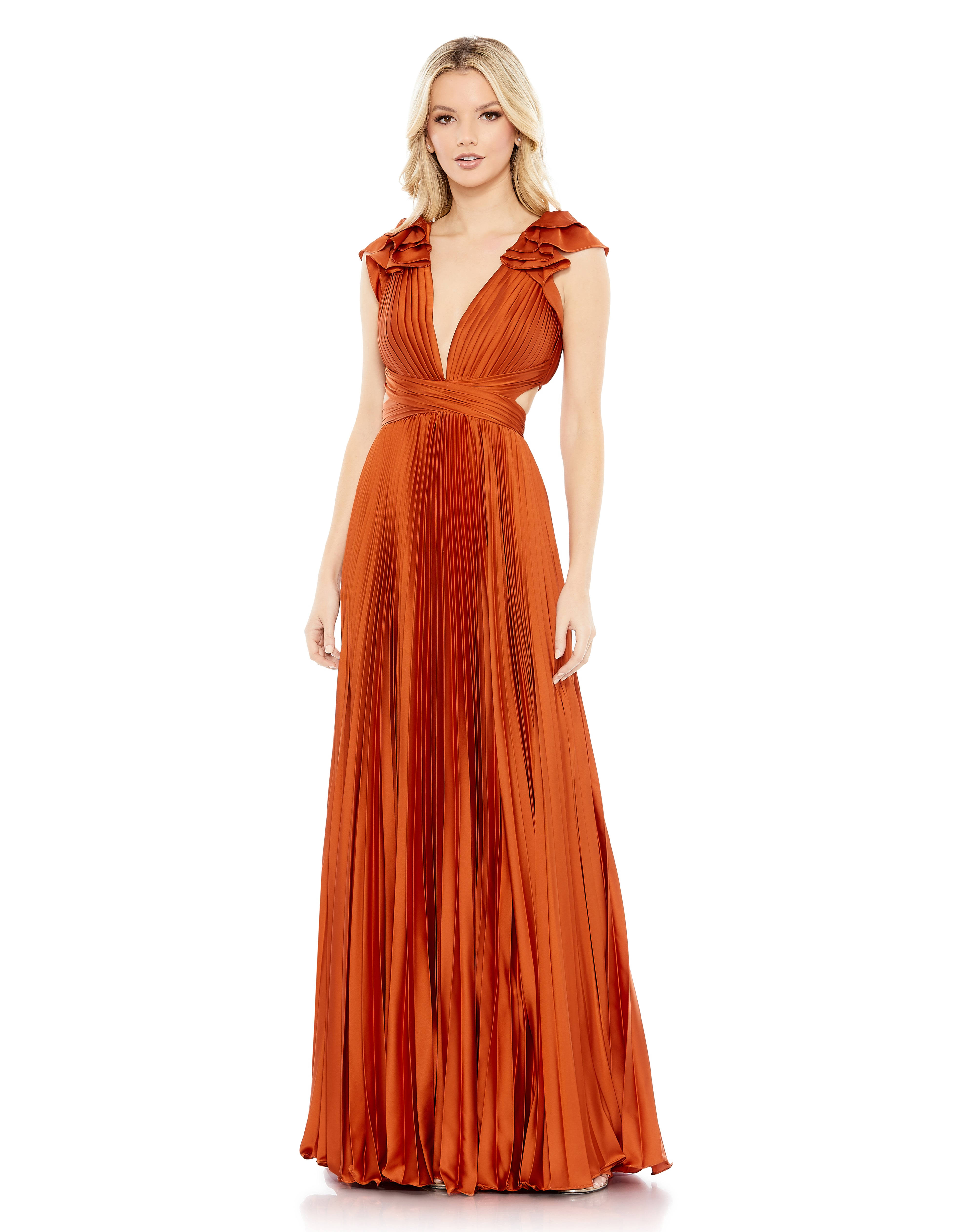 Ieena For Mac Duggal Pleated Ruffled Cap Sleeve Cut Out Lace Up Maxi Gown In Burnt Orange, Size AB_H2FJUL0V