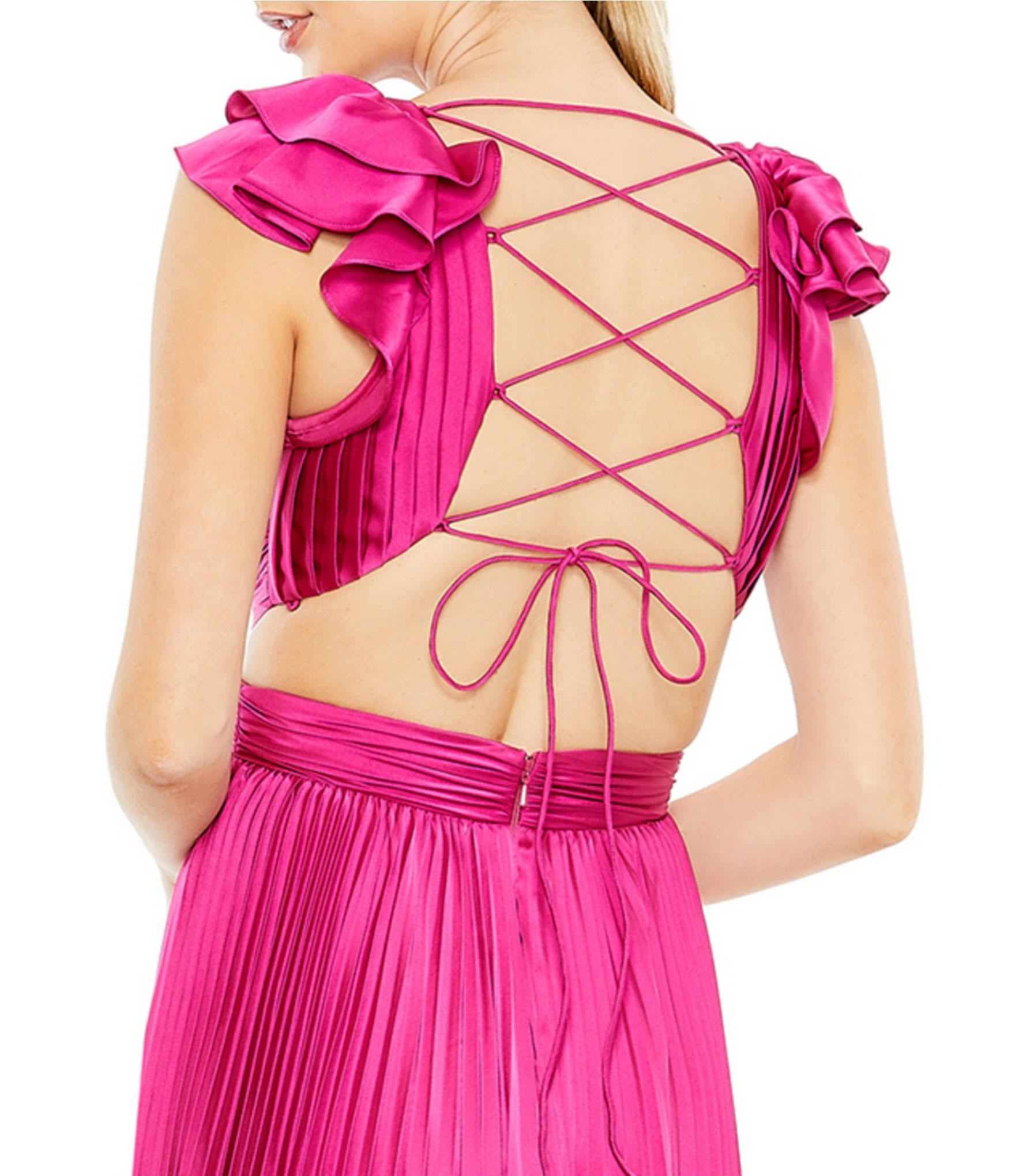 Ieena For Mac Duggal Pleated Ruffled Cap Sleeve Cut Out Lace Up Maxi Gown In Burnt Orange, Size AB_H2FJUL0V