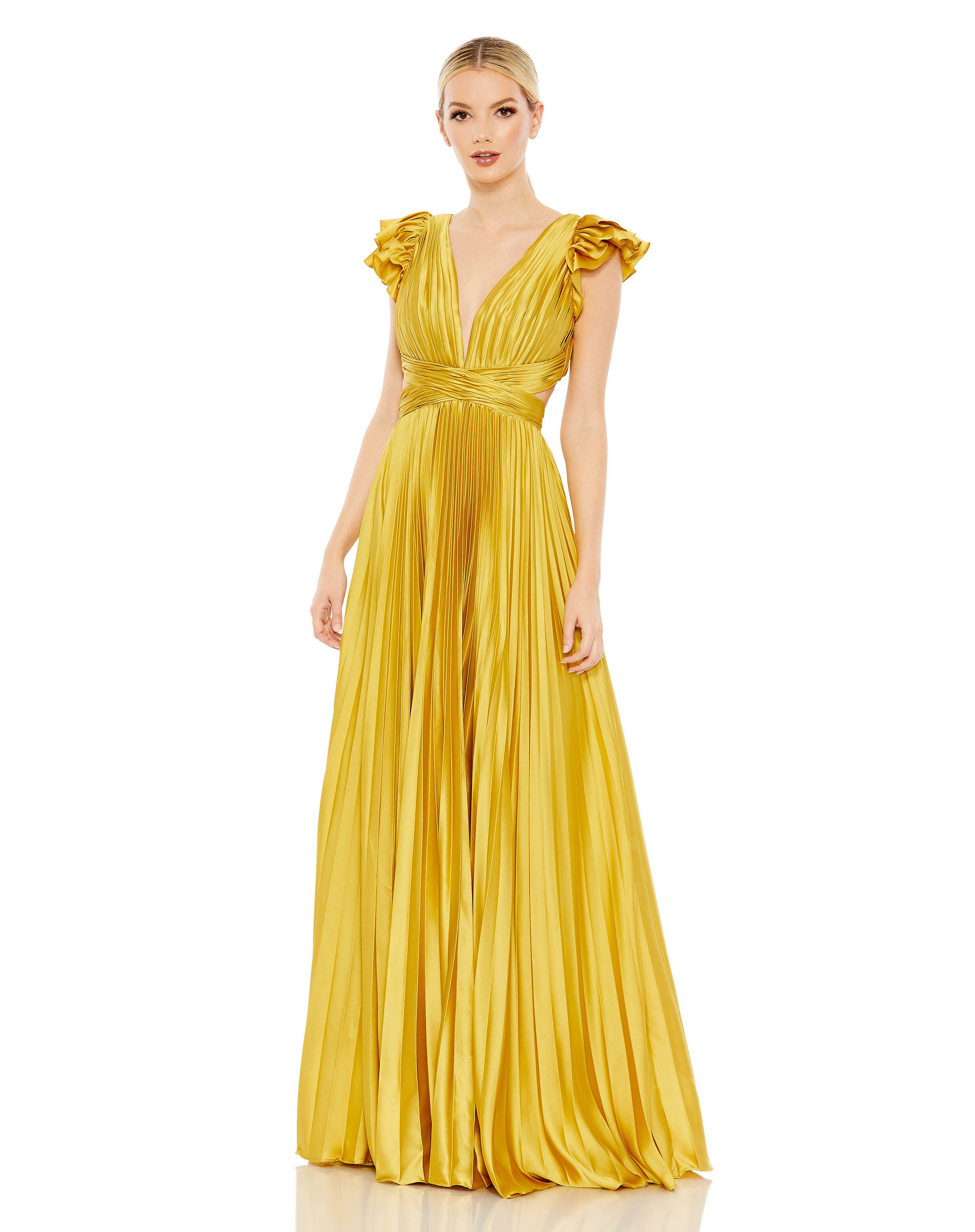 Ieena For Mac Duggal Pleated Ruffled Cap Sleeve Cut Out Lace Up Maxi Gown In Burnt Orange, Size AB_H2FJUL0V